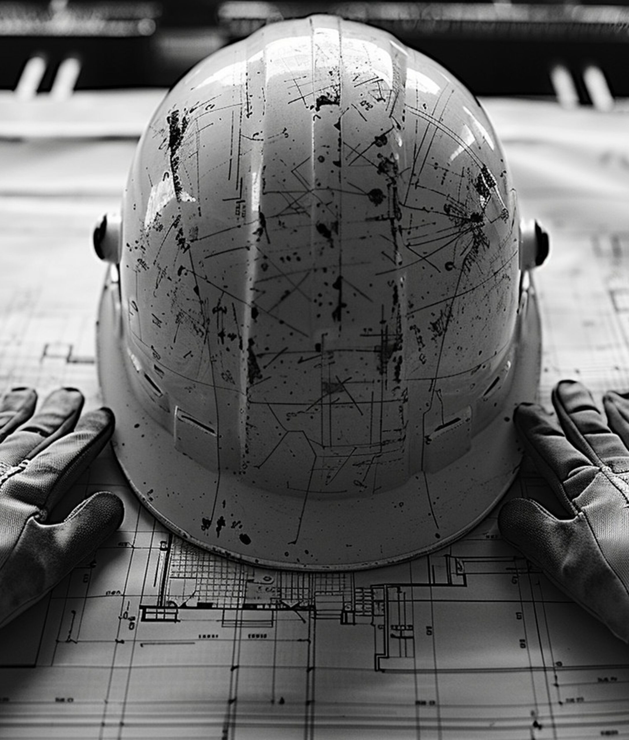 Consrtuction safety hat on blueprint